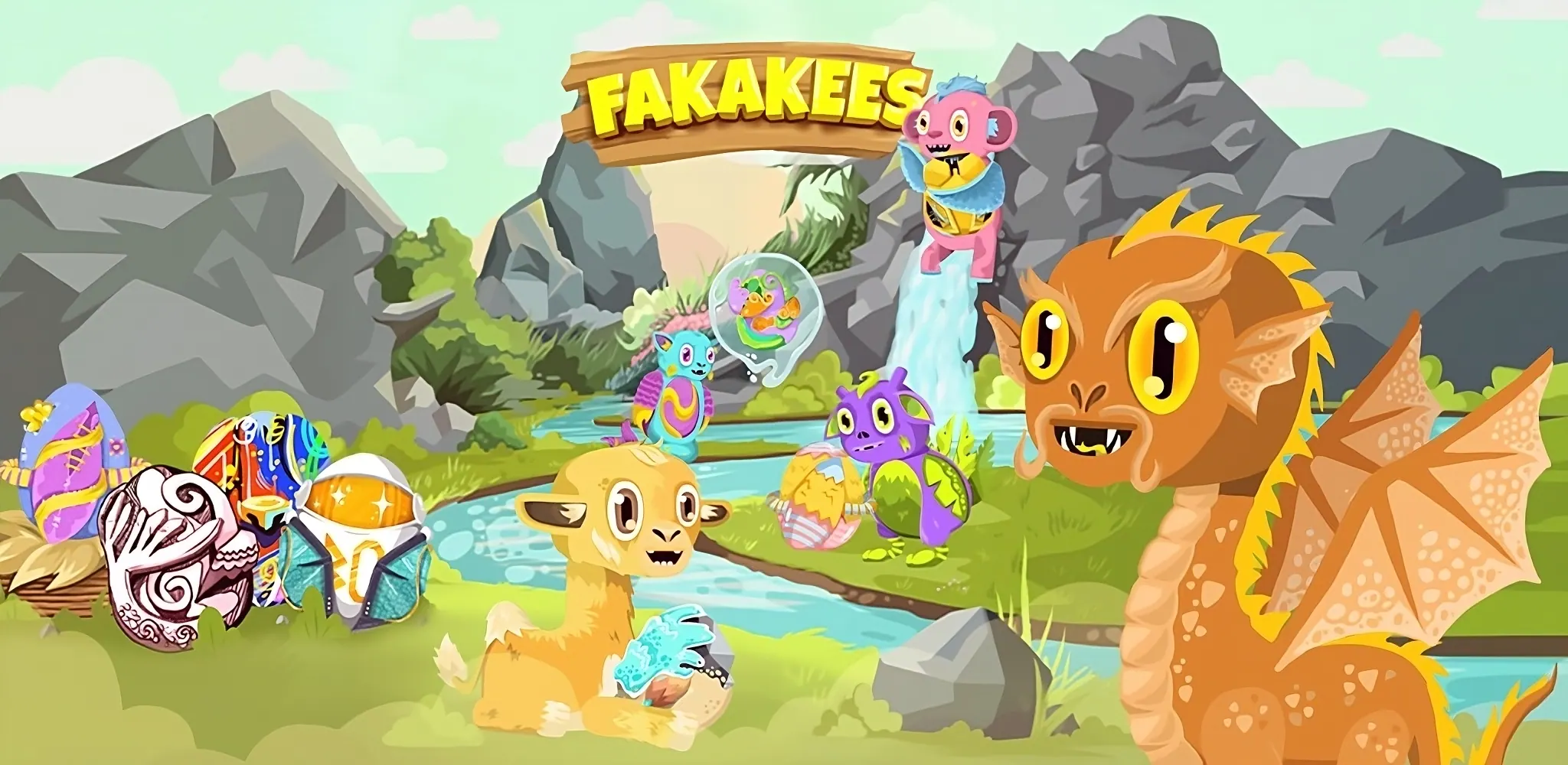 FAKAKEES title sign above a lush valley with a river, colourful creatures, eggs and a friendly dragon