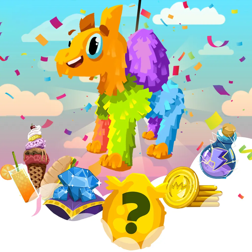 A piñata creature surrounded by rewards: ice cream, gems, coins and potions
