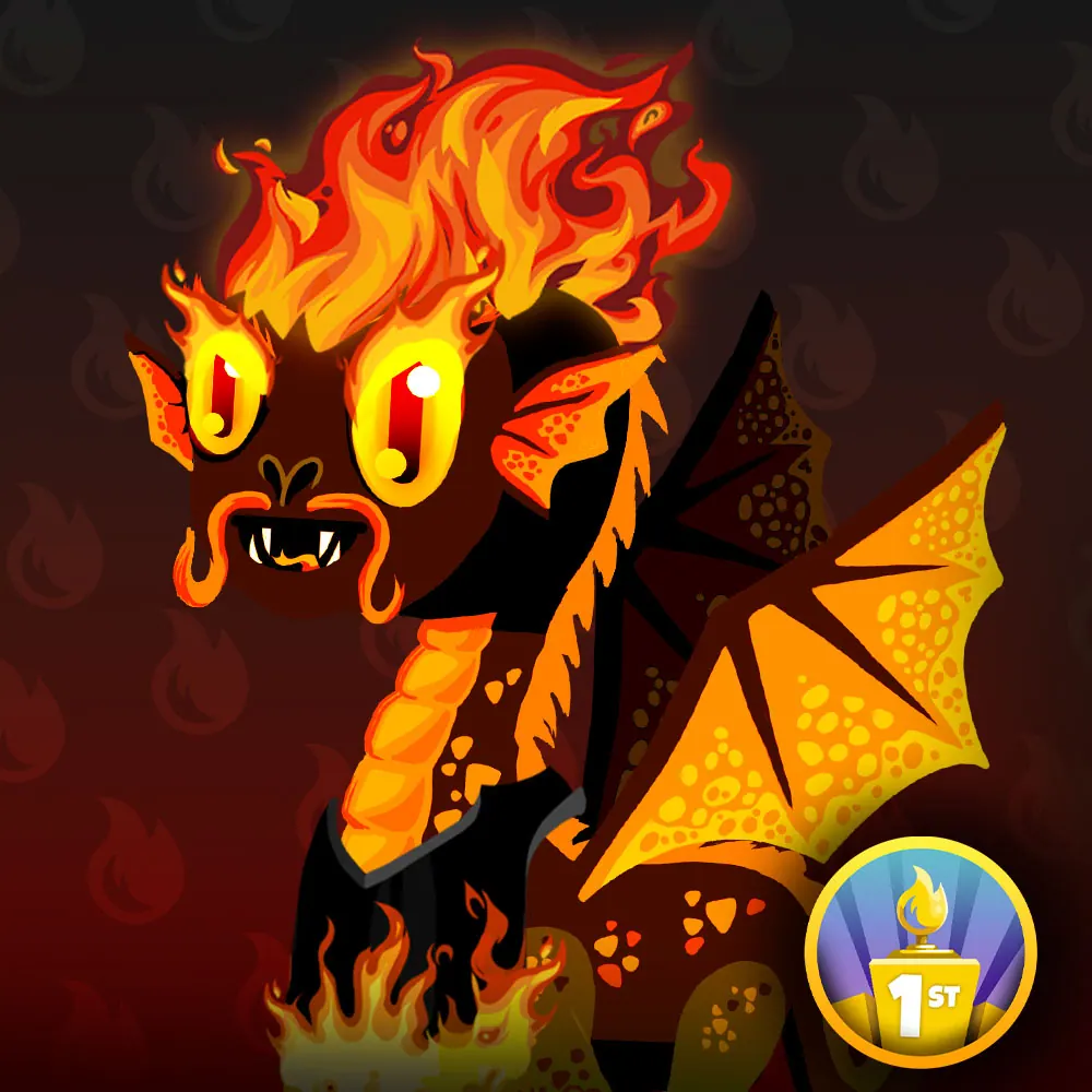 A fiery dragon creature with a first-place leaderboard badge