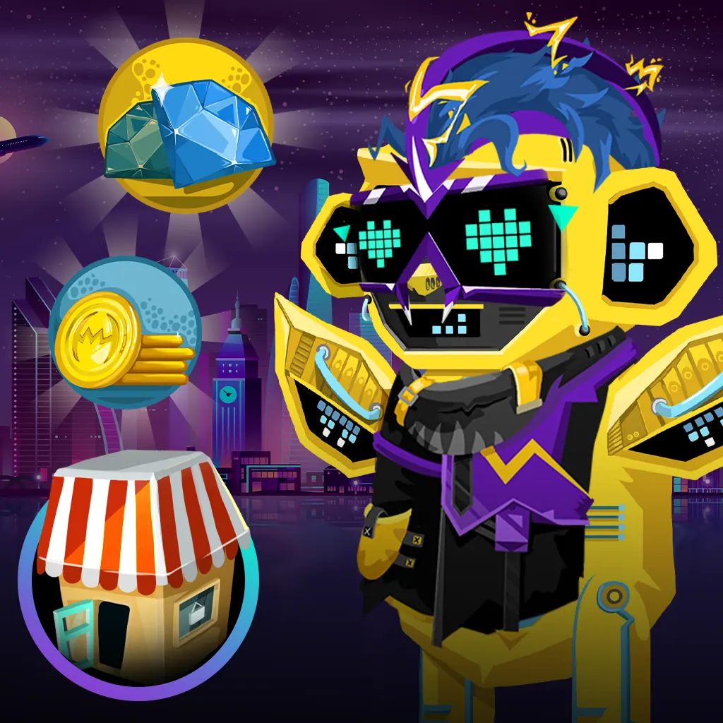 A creature in a neon cyberpunk outfit next to gems, coins and the store