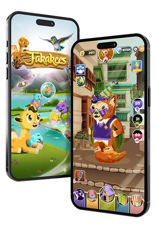 Two phones showing the FAKAKEES title screen and a creature in its home